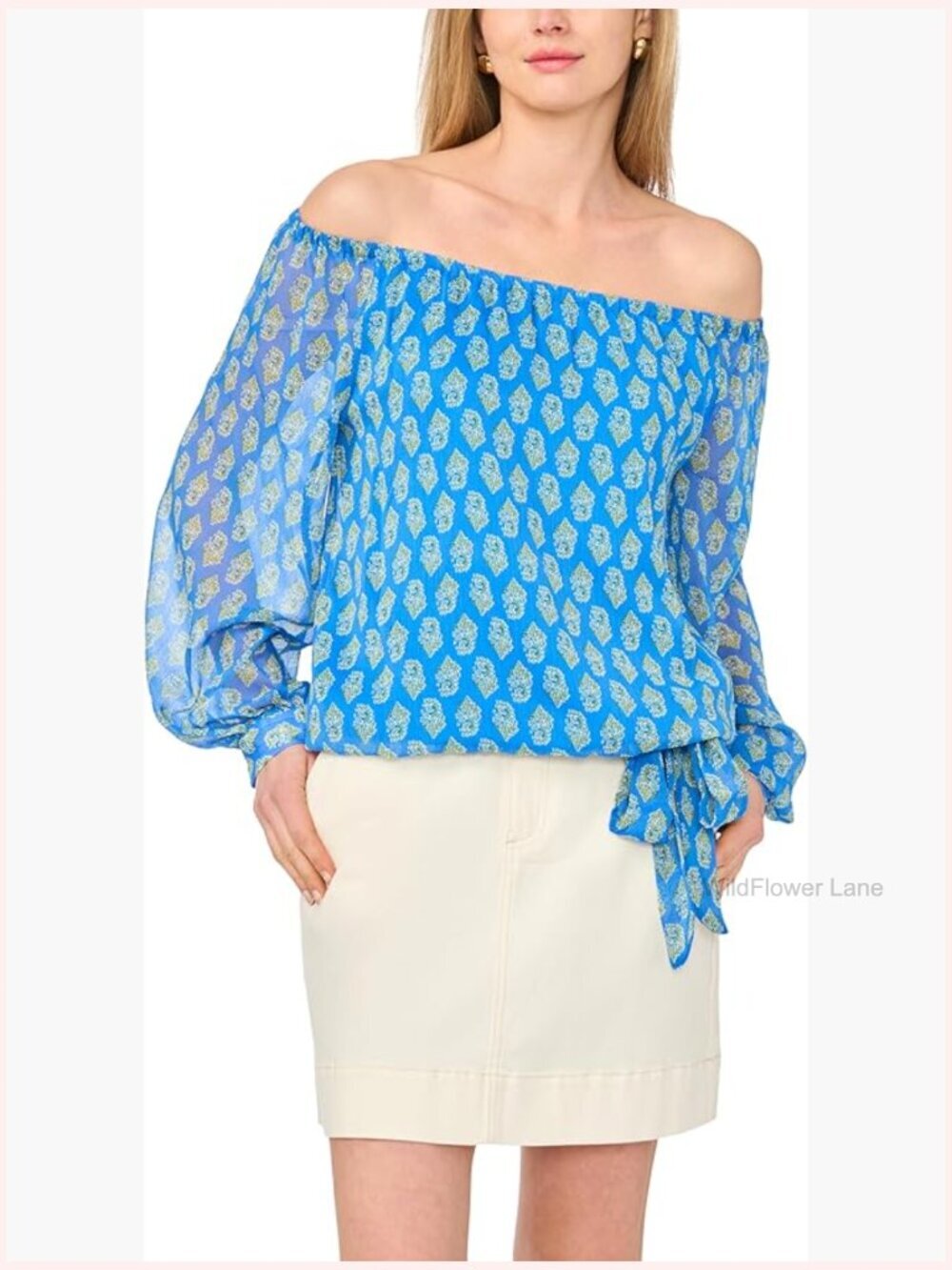 Off-Shoulder Long Sleeve Blouse with Tie Detail